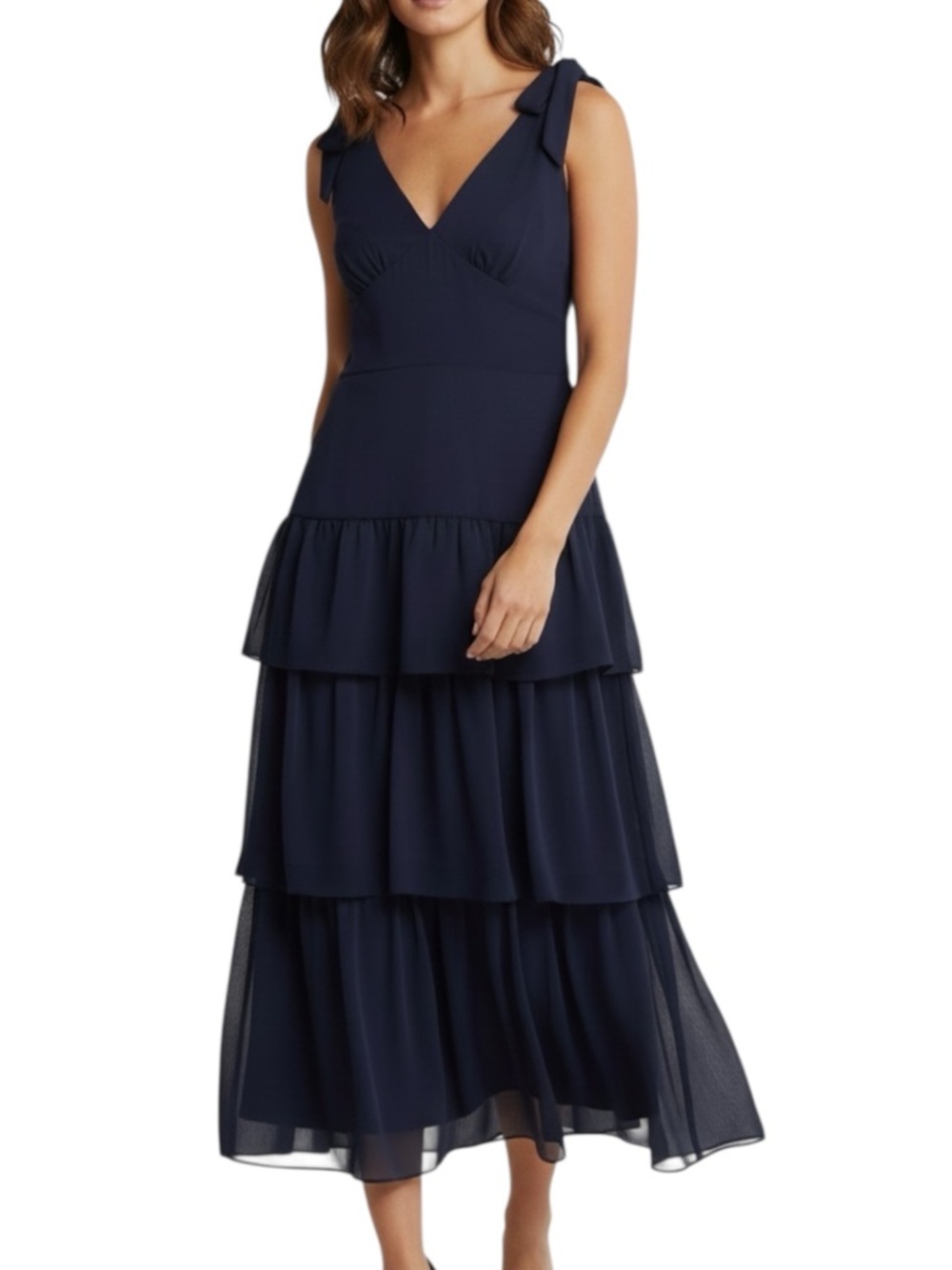 NWT JULIA JORDAN Navy Sleeveless Tie Strap Tiered Ruffle Lined Dress Size 14